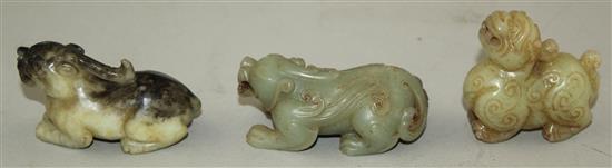 Three Chinese jade figures of mythical beasts, 19th / 20th century,